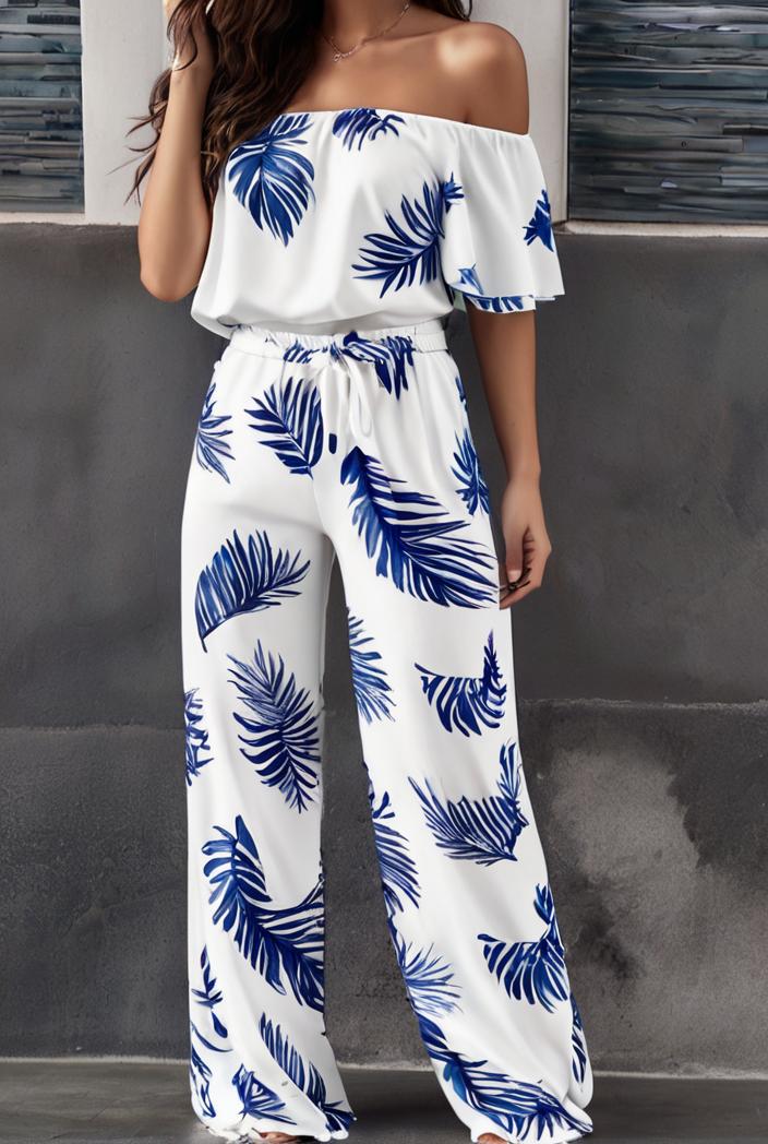 fashion print frilled off shoulder flared jumpsuit 134499
