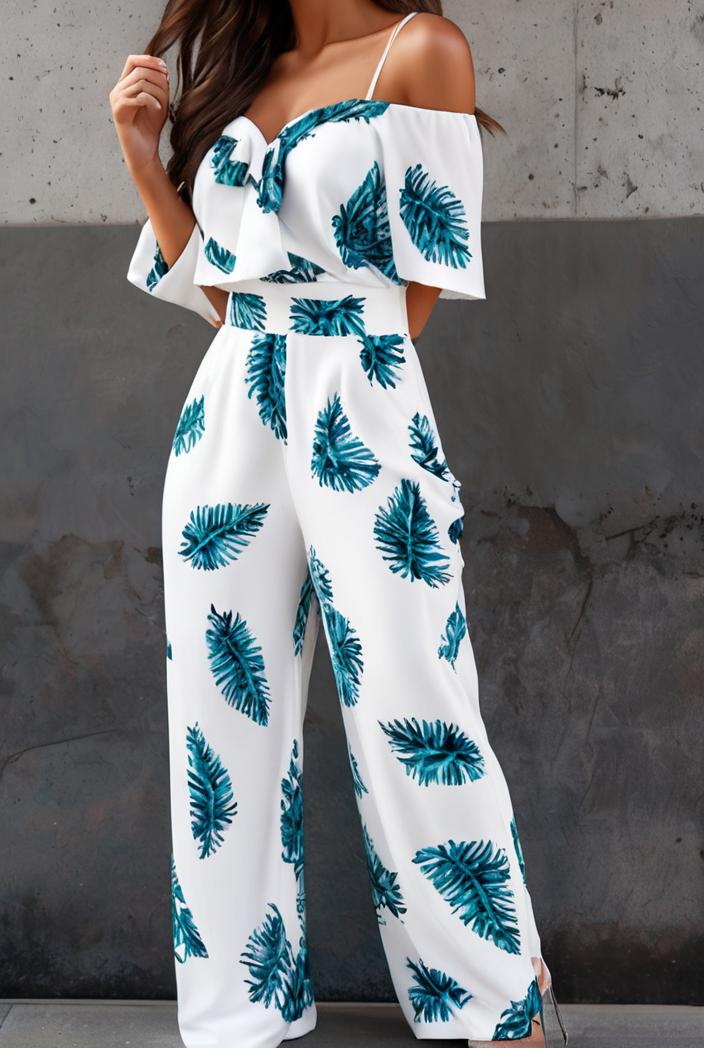 fashion print frilled off shoulder flared jumpsuit 134501