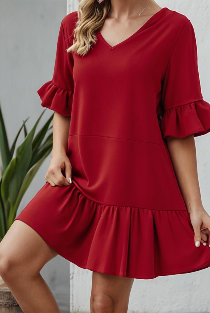 stylish pleated ruffle short sleeve mini dress 147712
