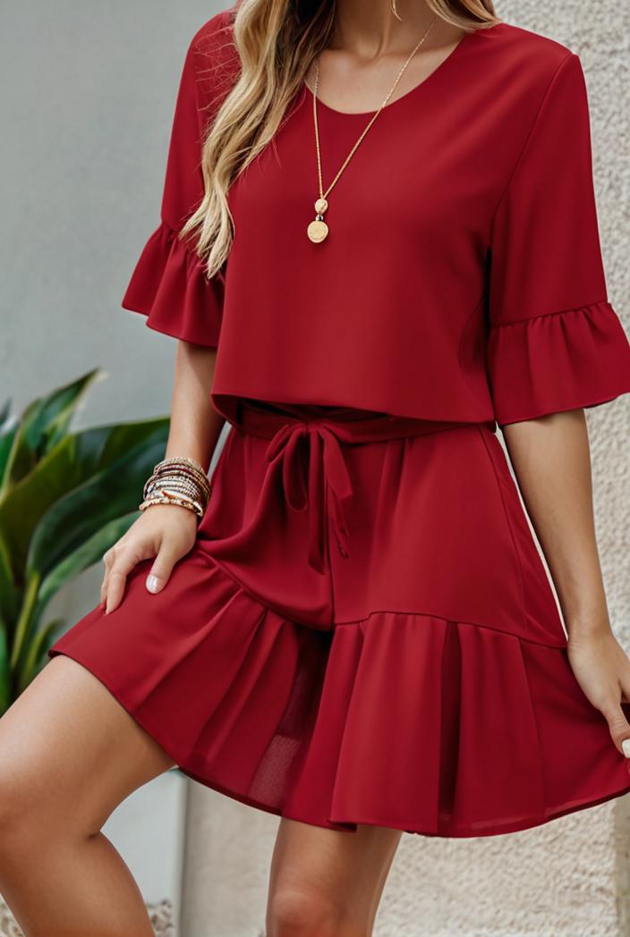 stylish pleated ruffle short sleeve mini dress 147715
