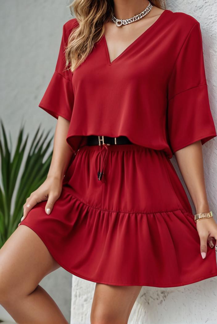 stylish pleated ruffle short sleeve mini dress 147716