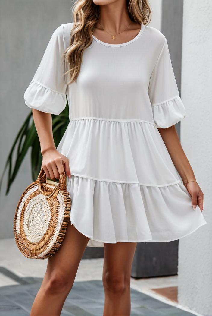 stylish pleated ruffle short sleeve mini dress 147721