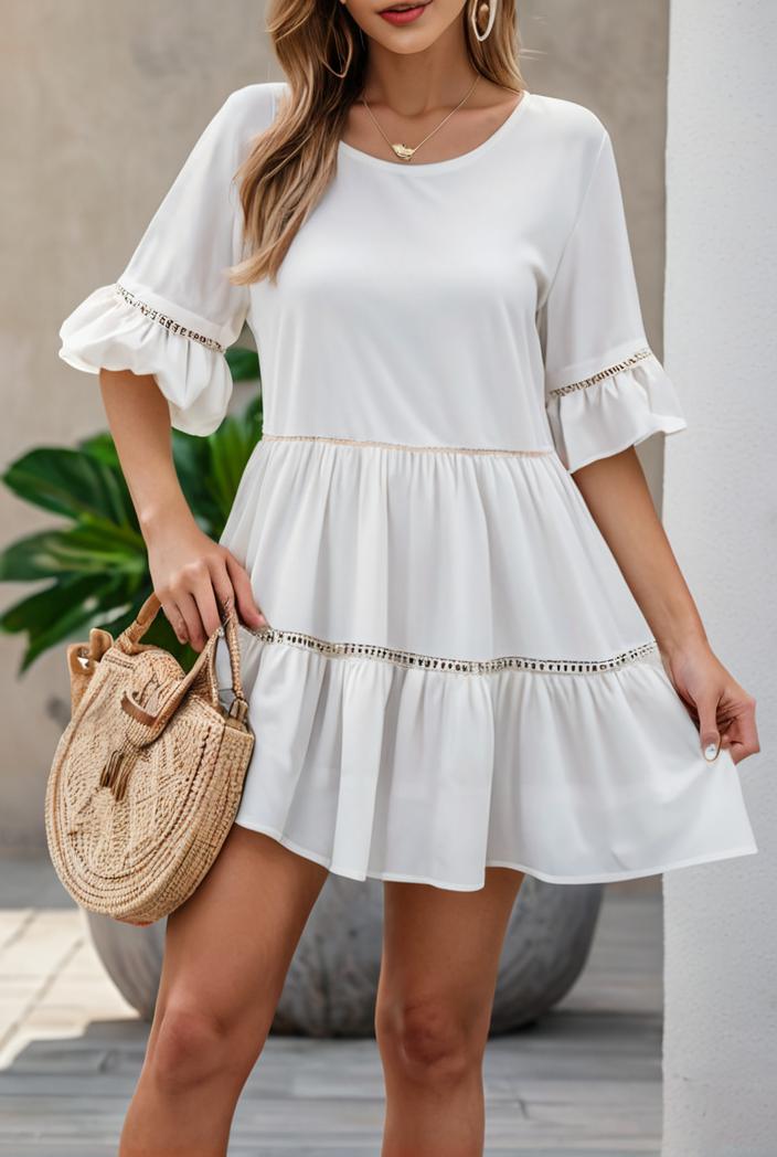 stylish pleated ruffle short sleeve mini dress 147723