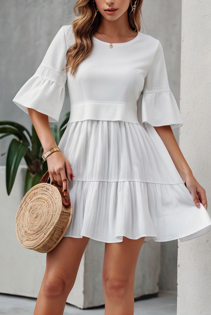 stylish pleated ruffle short sleeve mini dress 147724