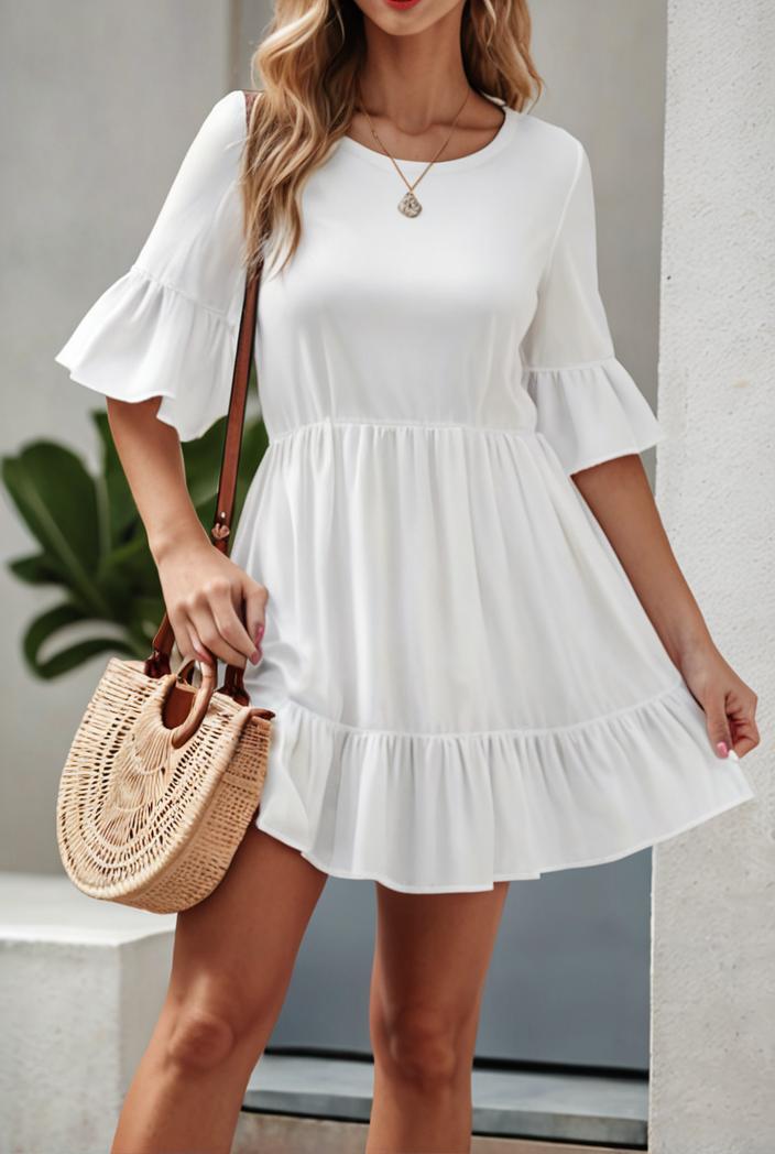 stylish pleated ruffle short sleeve mini dress 147725