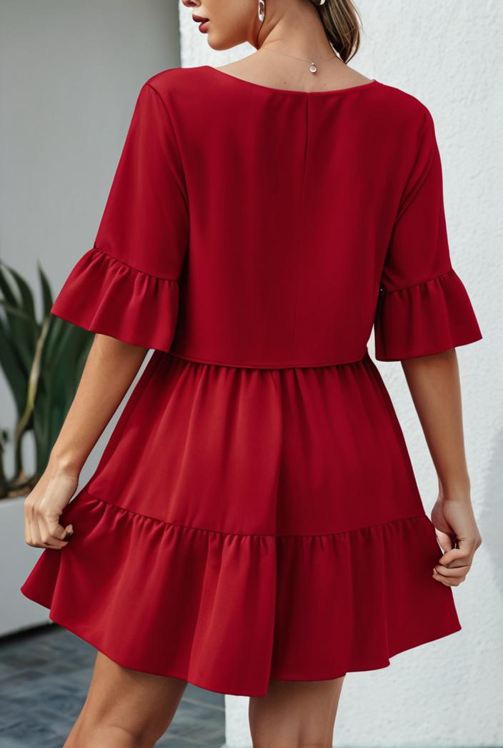 stylish pleated ruffle short sleeve mini dress 147731