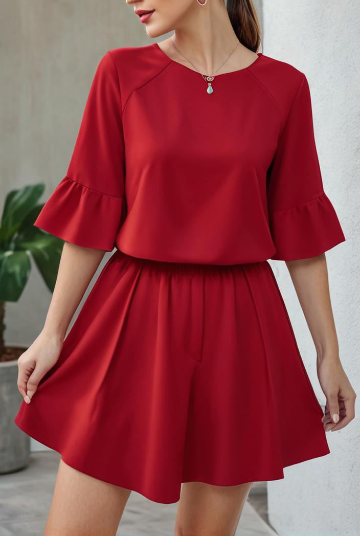 stylish pleated ruffle short sleeve mini dress 147730