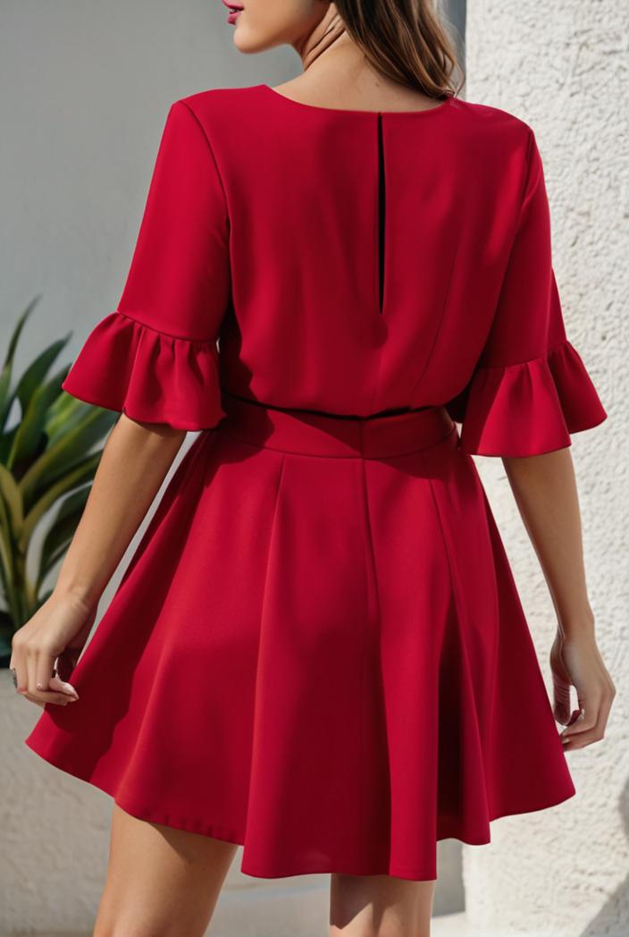 stylish pleated ruffle short sleeve mini dress 147729
