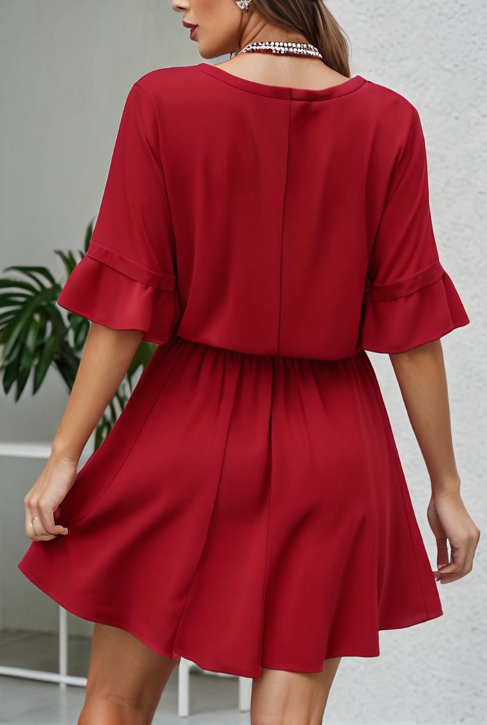 stylish pleated ruffle short sleeve mini dress 147732