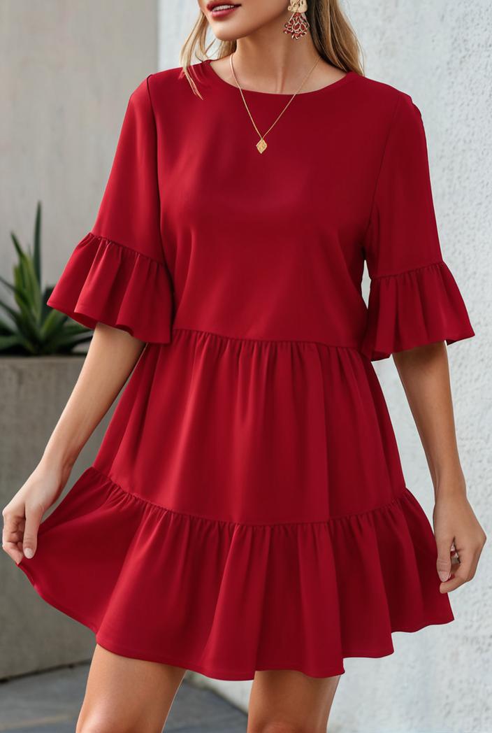 stylish pleated ruffle short sleeve mini dress 147734