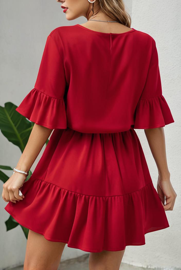 stylish pleated ruffle short sleeve mini dress 147733