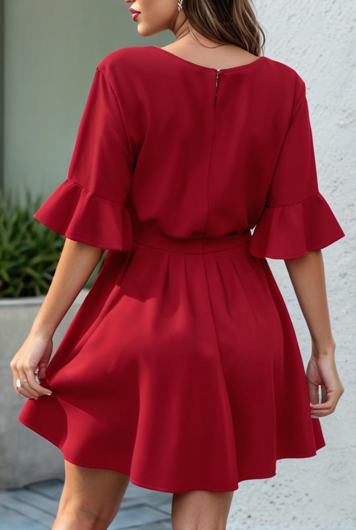 stylish pleated ruffle short sleeve mini dress 147735