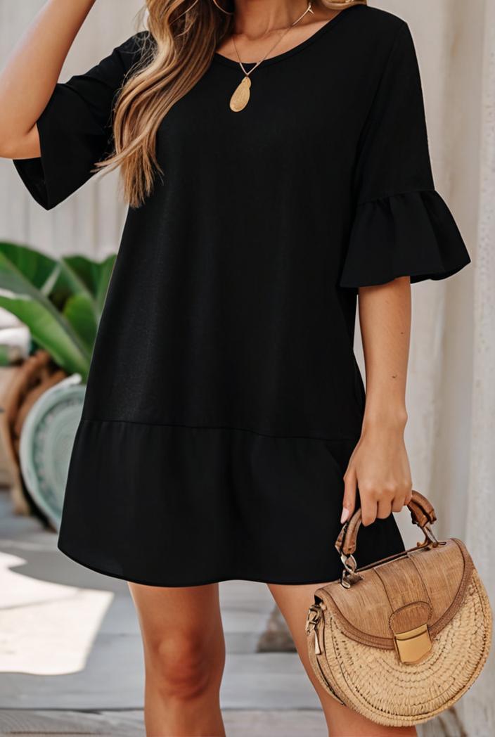 stylish pleated ruffle short sleeve mini dress 147739
