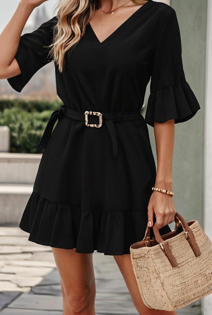 stylish pleated ruffle short sleeve mini dress 147741