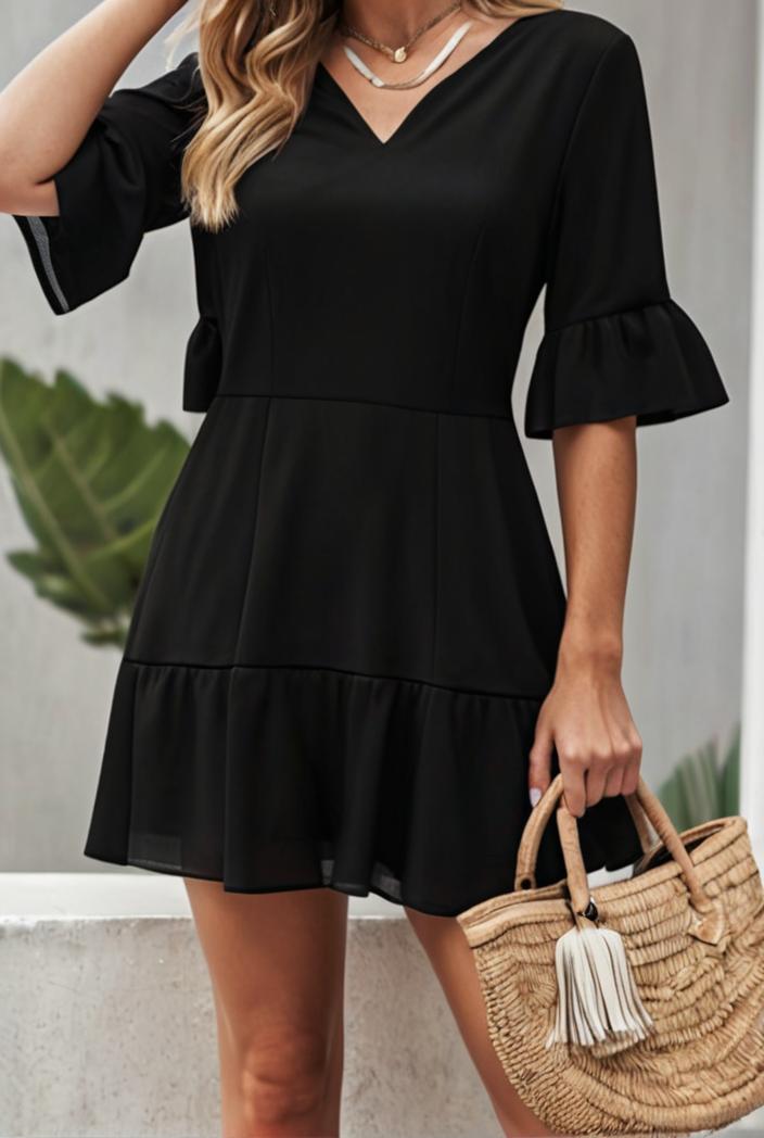 stylish pleated ruffle short sleeve mini dress 147743