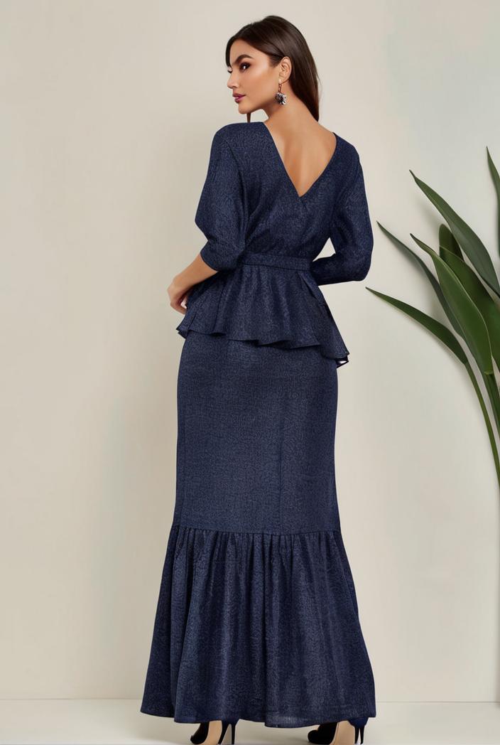 3 4 sleeve bodycon plunging back sequin evening dress 116954