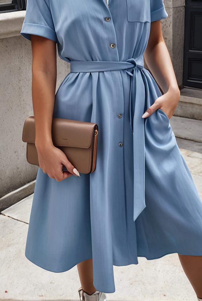 a line flap pockets rolled sleeve v neck casual lapel denim maxi dresses 127243