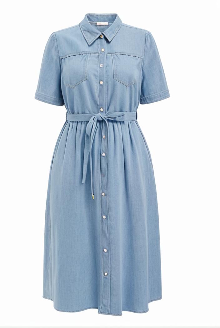 a line flap pockets rolled sleeve v neck casual lapel denim maxi dresses 127247