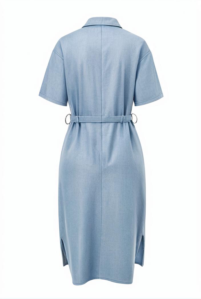 a line flap pockets rolled sleeve v neck casual lapel denim maxi dresses 127256