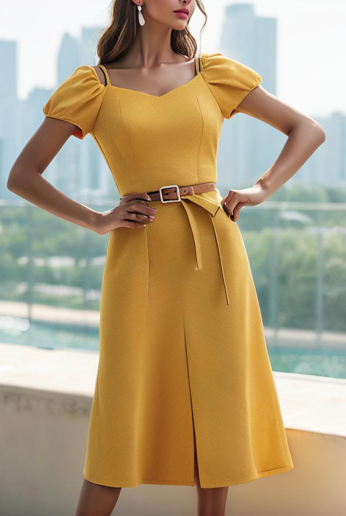 round neck tie polka dot pleated short sleeve midi dress 116208