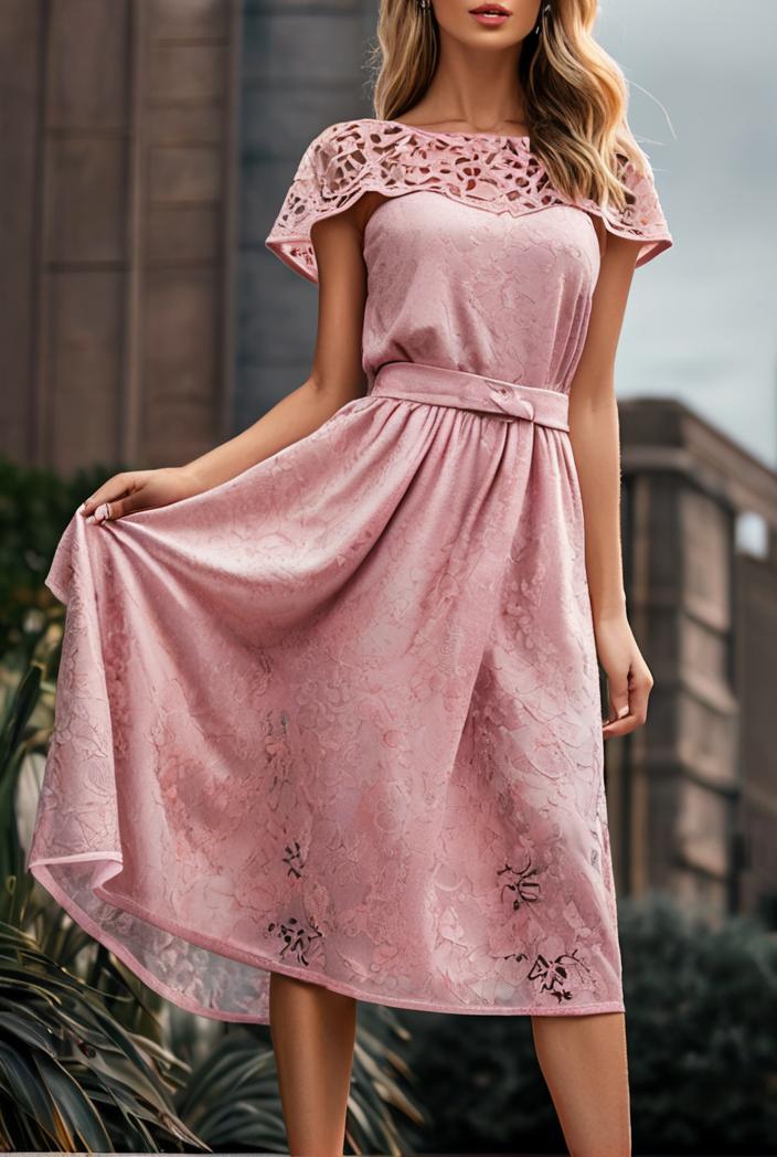 round neck tie polka dot pleated short sleeve midi dress 116215