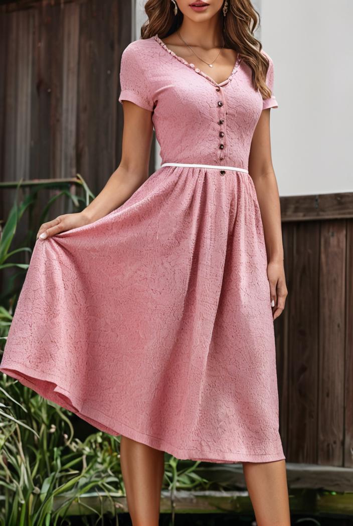 round neck tie polka dot pleated short sleeve midi dress 116216