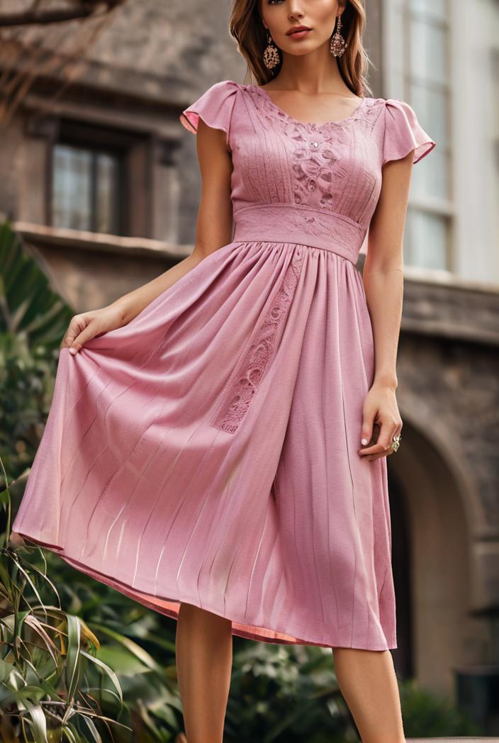 round neck tie polka dot pleated short sleeve midi dress 116219
