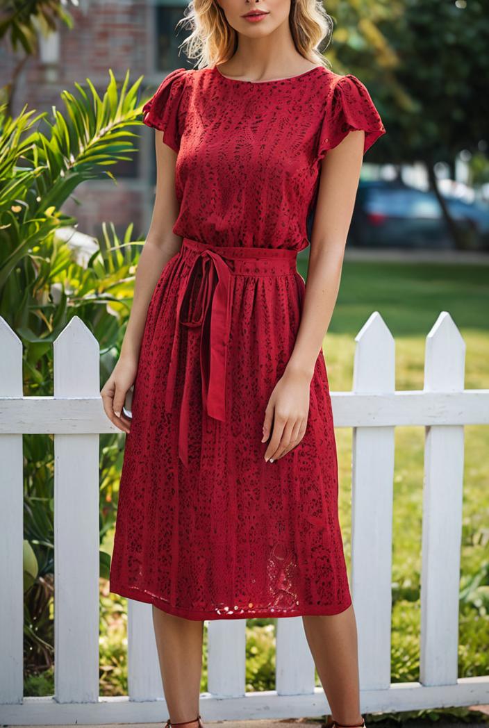 round neck tie polka dot pleated short sleeve midi dress 116223