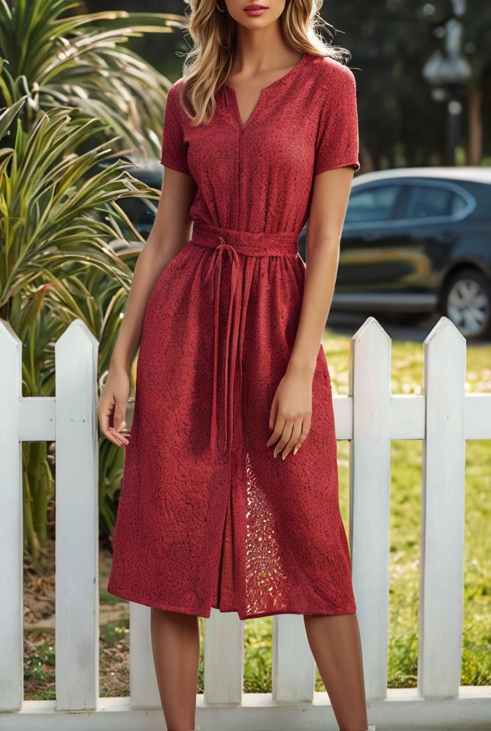 round neck tie polka dot pleated short sleeve midi dress 116225