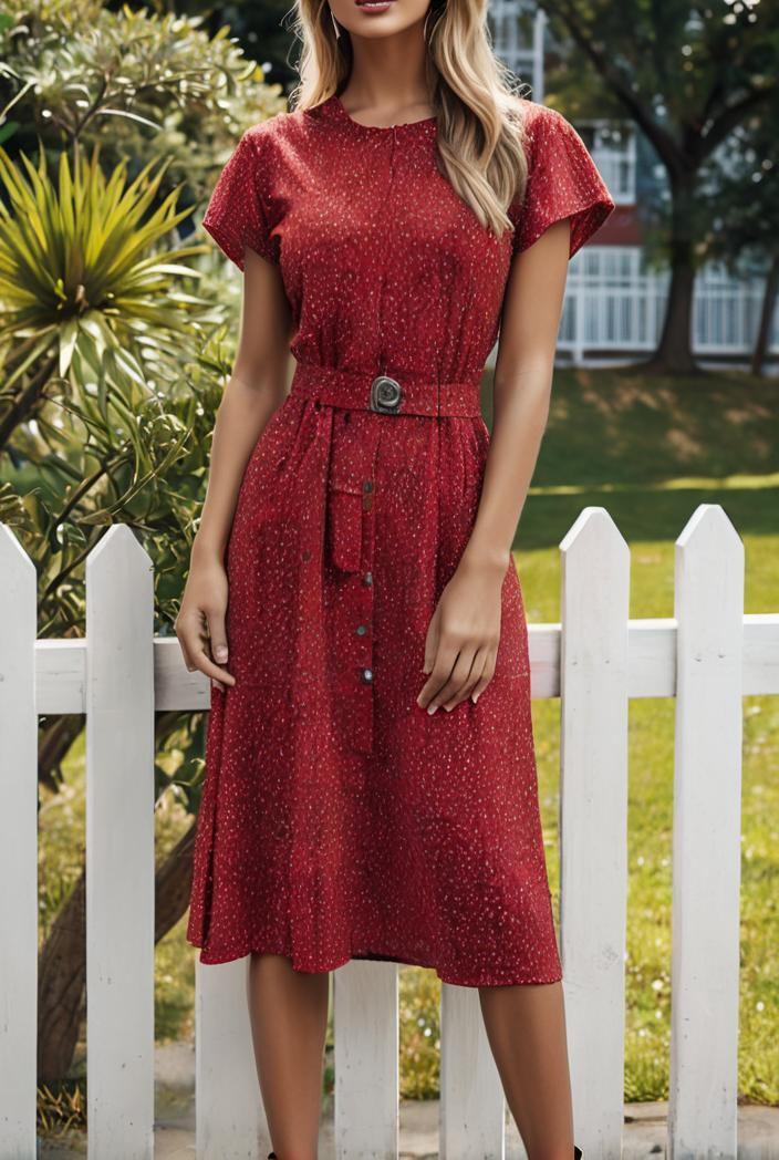 round neck tie polka dot pleated short sleeve midi dress 116226