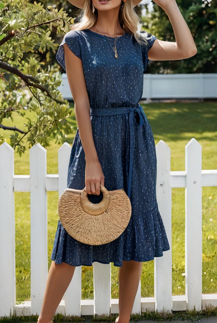 round neck tie polka dot pleated short sleeve midi dress 116242