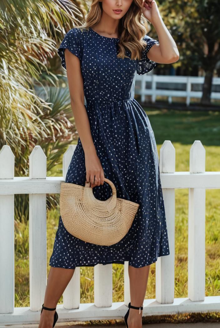round neck tie polka dot pleated short sleeve midi dress 116244