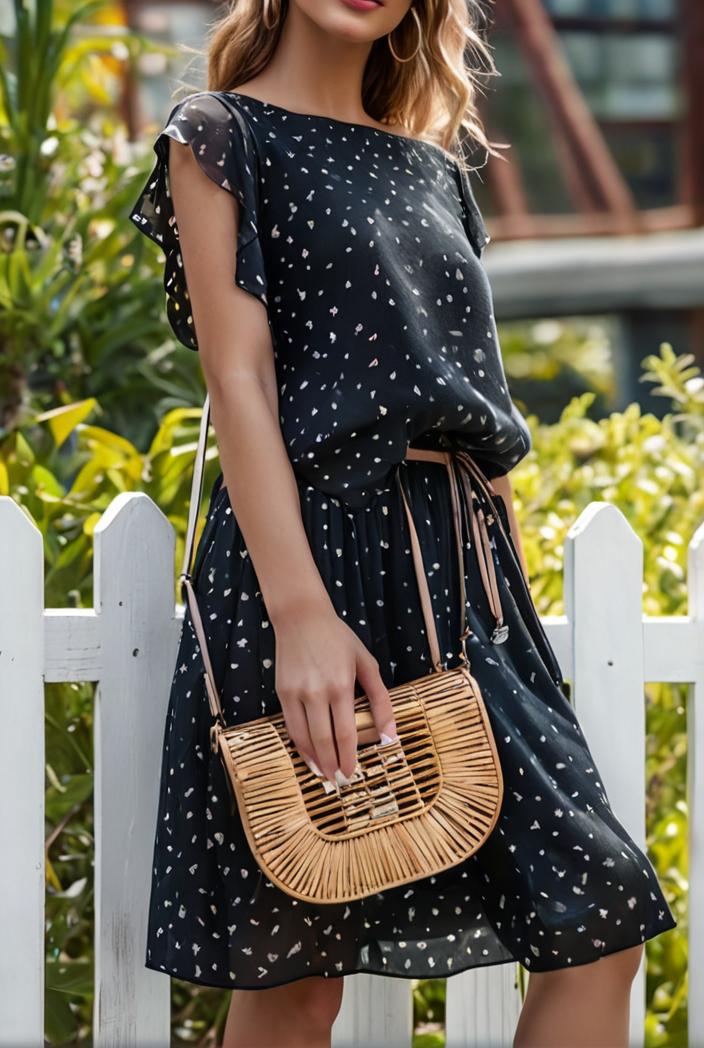 round neck tie polka dot pleated short sleeve midi dress 116249