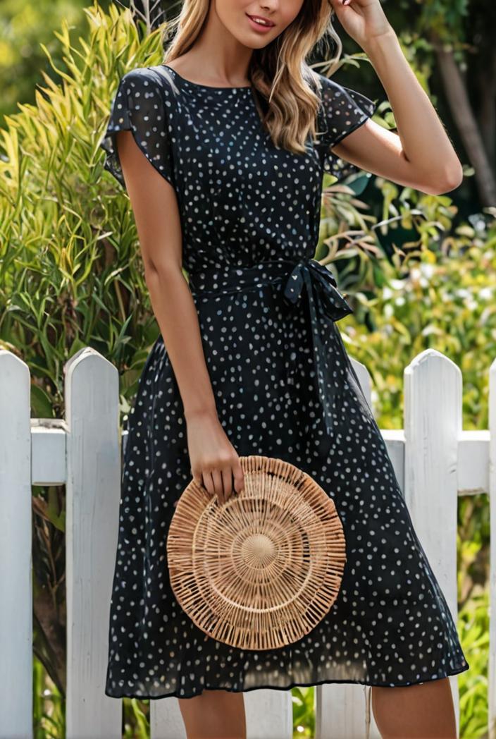 round neck tie polka dot pleated short sleeve midi dress 116252