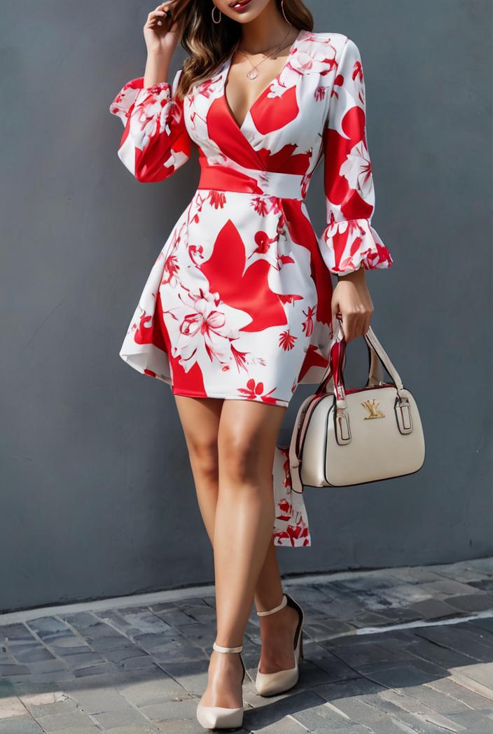 tie dye printed long sleeve ruffle fitted dress 133673