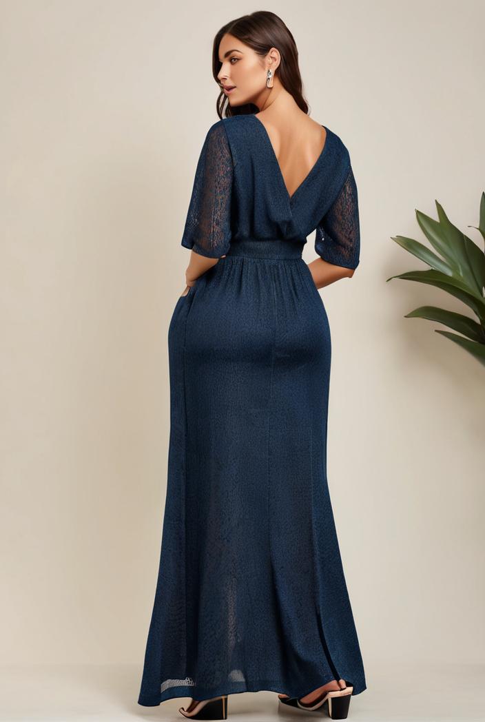 3 4 sleeve bodycon plunging back sequin evening dress 149982