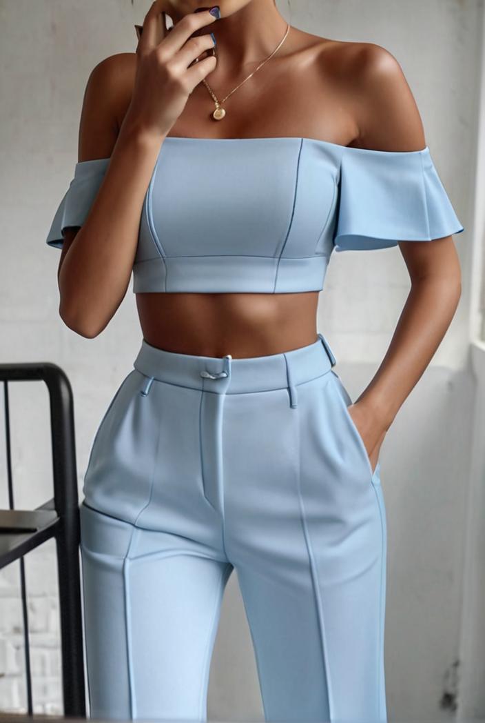 one shoulder crop top mopping pants two piece suit 126083