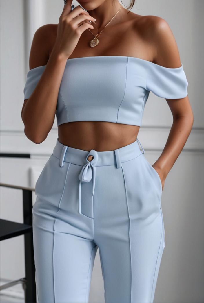one shoulder crop top mopping pants two piece suit 126086