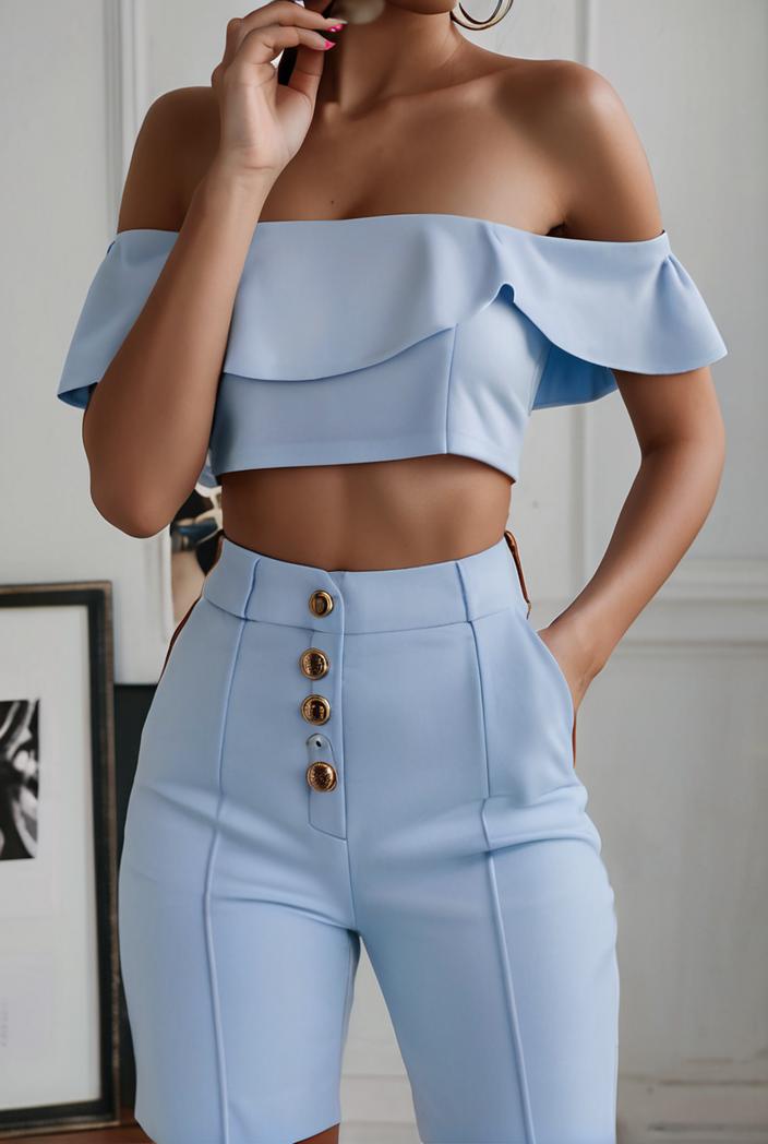 one shoulder crop top mopping pants two piece suit 126087