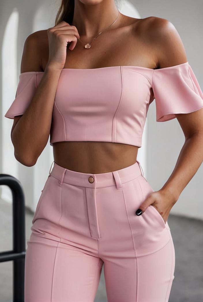 one shoulder crop top mopping pants two piece suit 126091