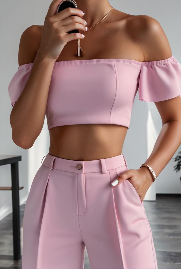one shoulder crop top mopping pants two piece suit 126092