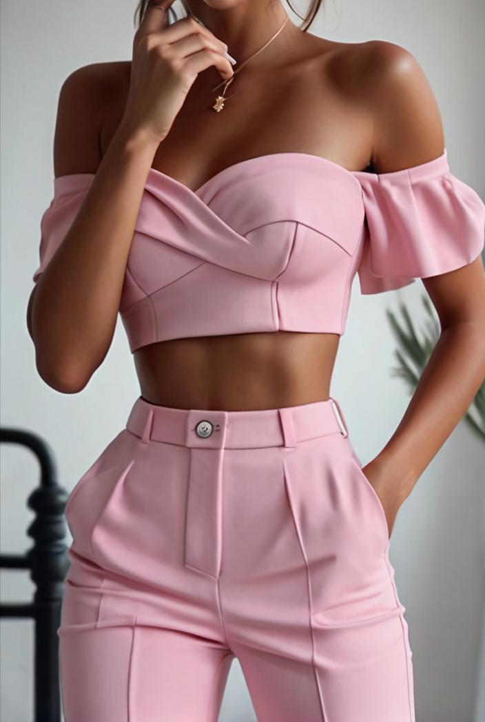 one shoulder crop top mopping pants two piece suit 126097