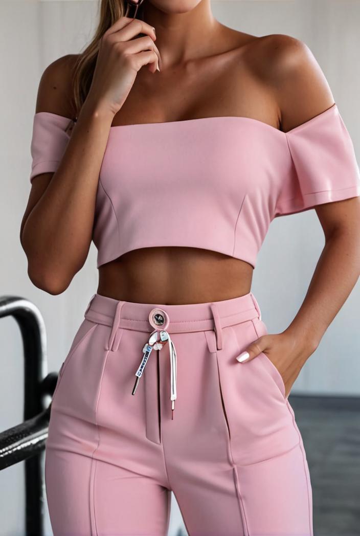 one shoulder crop top mopping pants two piece suit 126095