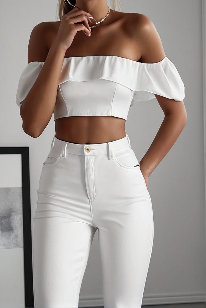 one shoulder crop top mopping pants two piece suit 126138
