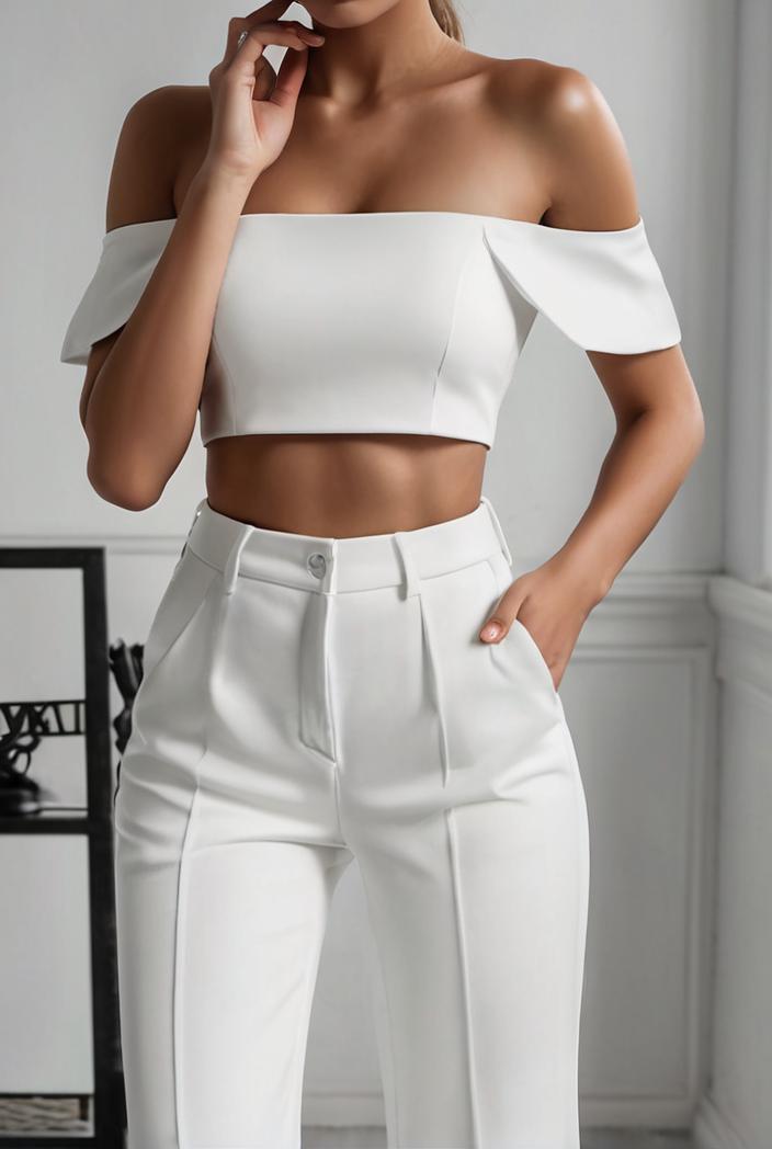 one shoulder crop top mopping pants two piece suit 126143