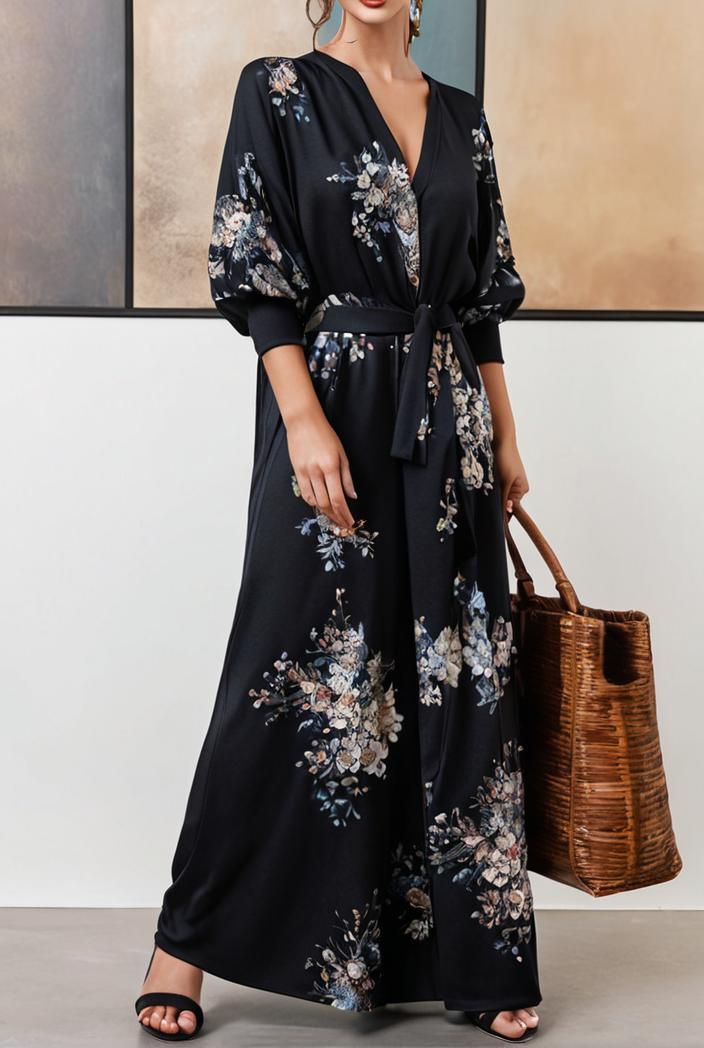 cotton printed long sleeve loose casual maxi dress 105741