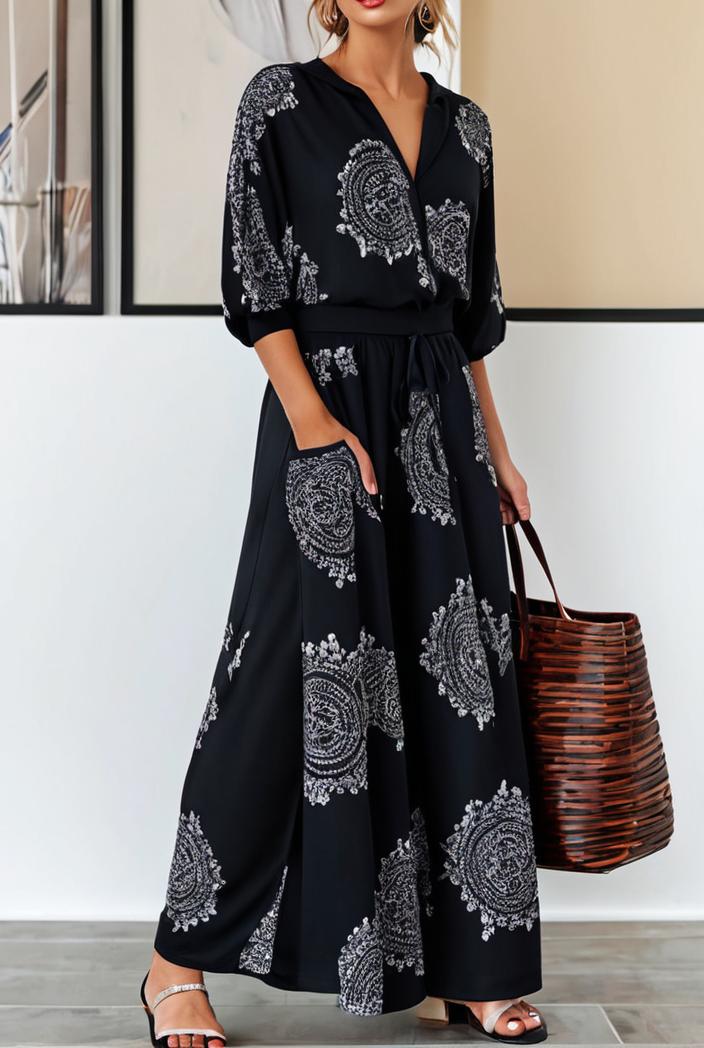 cotton printed long sleeve loose casual maxi dress 105746