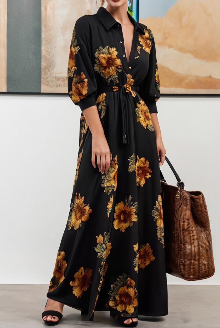 cotton printed long sleeve loose casual maxi dress 105757