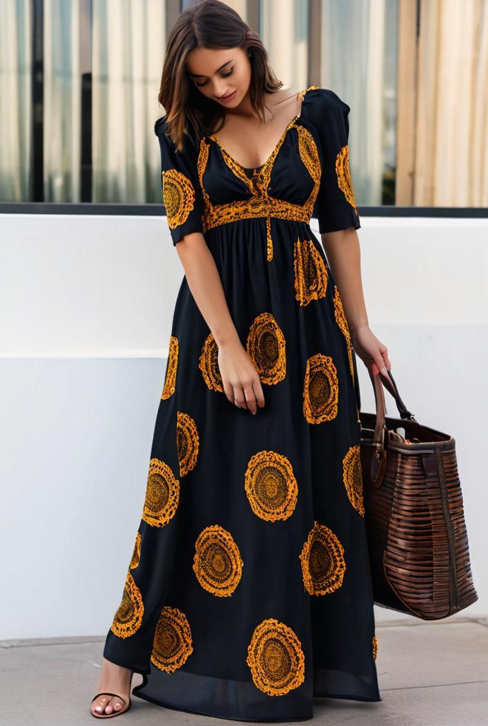 cotton printed long sleeve loose casual maxi dress 105761
