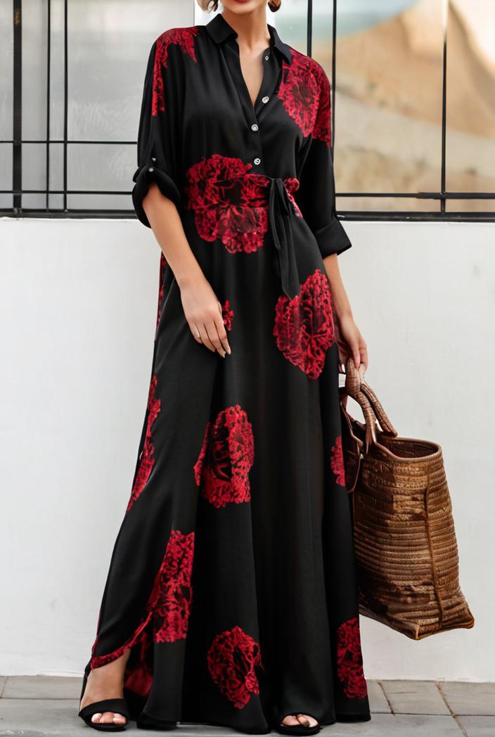 cotton printed long sleeve loose casual maxi dress 105765